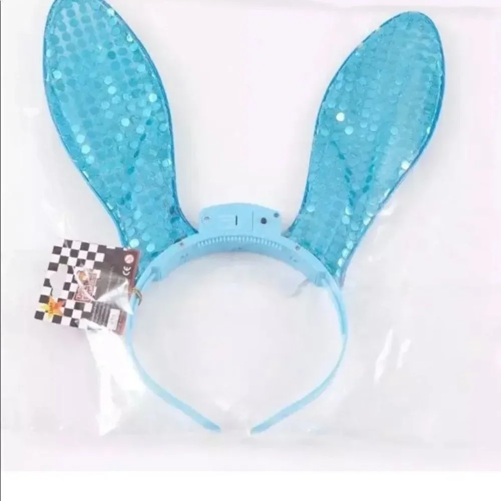DISNEY PARKS TURQUOISE BLUE SEQUINS LIGHT UP OSWALD BUNNY EARS HEADBAND HAT NWT